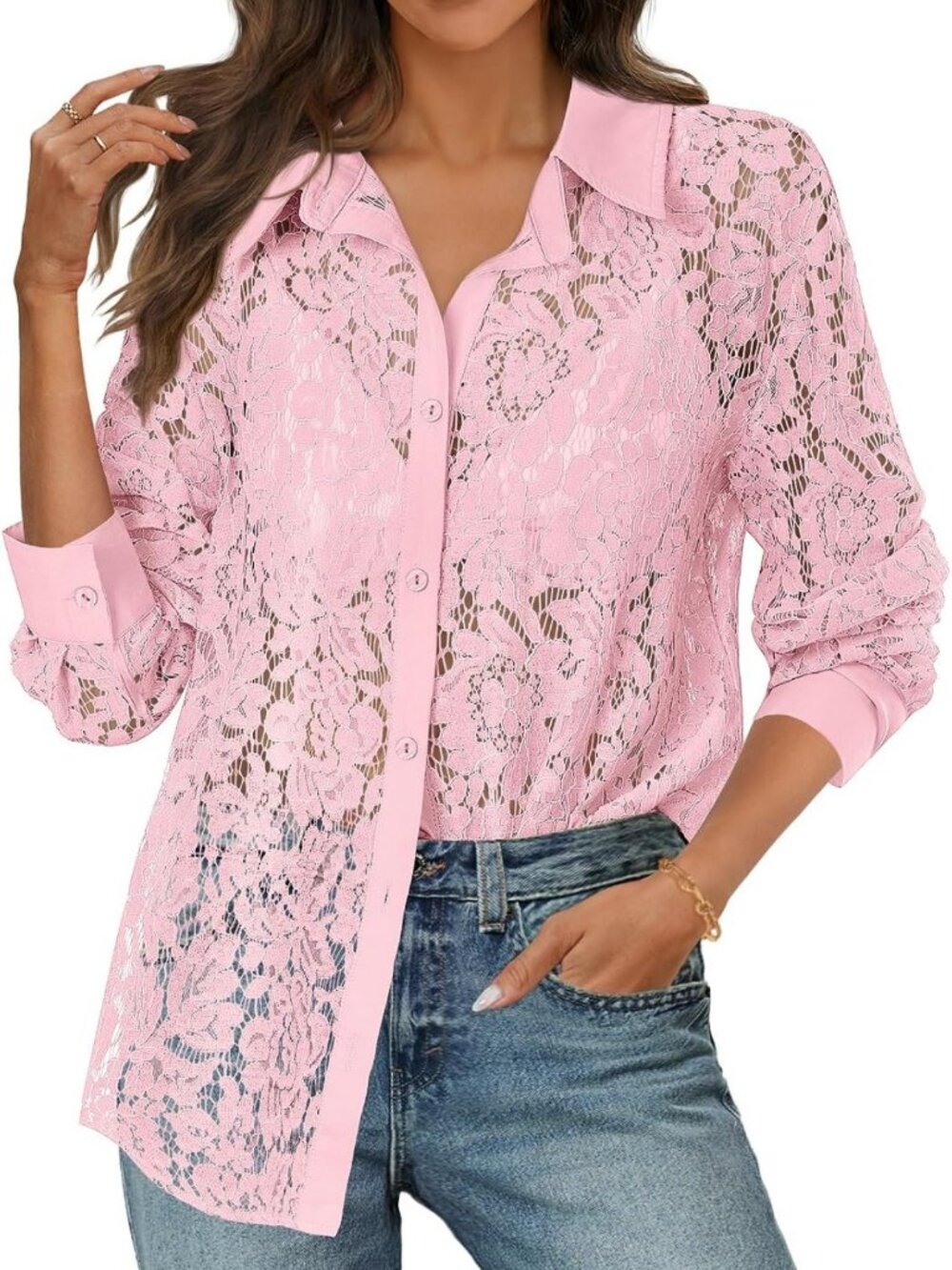 Lace Long Sleeve Sheer Blouse - Women's Dressy Casual Top for Everyday Wear